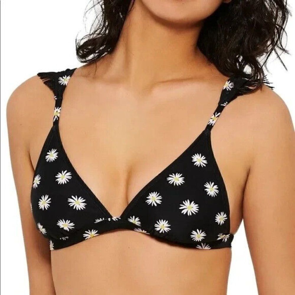 Hula Honey Swimwear Black Daisy Printed Triangle Bikini Top Large NWT